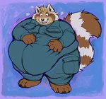 anthro belly belly_fondling big_belly blush bodily_fluids breath brown_body brown_fur chubby_cheeks claws clothed clothing flying_sweatdrops fondling fur hand_on_belly love_handles male markings moobs motion_lines obese obese_anthro obese_male open_mouth open_smile overweight overweight_anthro overweight_male panting ring_(marking) ringed_tail self_fondle smile solo standing striped_markings striped_tail stripes sweat sweatdrop tail tail_markings thick_thighs toe_claws wide_hips berlin canid canine mammal raccoon_dog tanuki hi_res