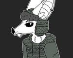 alternative_fashion anthro clothing ear_piercing ear_ring fangs grey_background half-closed_eyes hat headgear headwear helix_piercing hoodie male narrowed_eyes piercing punk ring_piercing sharp_teeth simple_background solo teeth topwear trapper_hat sinsquest sins_(sinsquest) bat mammal greyscale monochrome trans_(lore) trans_man_(lore)