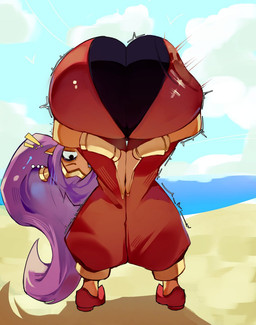 bent_over big_butt blue_eyes bottomwear butt butt_ripples butt_slap clothed clothing exclamation_point eyebrows eyelashes eyeshadow female footwear fully_clothed gloves hair handwear humanoid_pointy_ears long_hair looking_back makeup motion_lines not_furry pants pointy_ears purple_hair rear_view shoes slap solo thigh_gap wide_hips hoshoidk praise_da_booty_(meme) shantae_(series) wayforward shantae genie humanoid 2026 hi_res