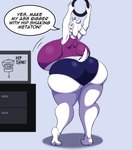 aladeen anthro big_breasts big_butt biped boss_monster_(undertale) breasts butt clothed clothing dialogue electronics female hi_res huge_breasts huge_butt hyper hyper_breasts mature_female pupils solo speech_bubble television text thick_thighs toriel undertale_(series)