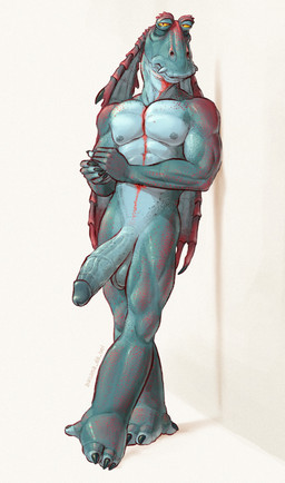 balls big_penis circumcised circumcision_scar claws erection genital_scar genitals glans humanoid_genitalia humanoid_penis looking_at_viewer male nipples nude penis scar simple_background solo standing vein veiny_penis banana_da_boi star_wars alien gungan otolla_gungan hi_res