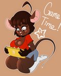 anthro big_breasts bottomwear breasts buckteeth cleavage clothed clothing electronics eyewear female footwear game_console glasses kneeling markings mole_(marking) shorts socks solo teeth text solratic gwen_geek nintendo nintendo_switch nintendo_switch_lite gwen_martin mammal mouse murid murine rodent 4:5 english_text hi_res