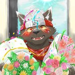 accessory anthro black_body black_fur blush bodily_fluids bouquet confetti crying flower fur headband male plant red_eyes scar scarf solo tears yellow_sclera kannepaz lifewonders tokyo_afterschool_summoners tadatomo_(tas) canid canine canis domestic_dog mammal 1:1