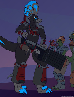 anthro armor black_body black_feathers blue_body blue_claws blue_eyes blue_eyeshadow blue_feathers boots claws clothing eyeshadow feathers feet female footwear gauntlets gloves green_body grey_body grey_feathers grey_feet grey_hands grey_snout group gun handwear headgear helmet holding_gun holding_object holding_ranged_weapon holding_weapon makeup male ogling ranged_weapon red_body shoes sickle_claw simple_background thick_thighs toe_claws tongue tongue_out turok_evolution weapon yellow_eyes therealmessyroomguy1 turok lumina_(therealmessyroomguy1) dinosaur dromaeosaurid feathered_dinosaur feathered_scalie lizard prehistoric_species reptile saurischian scalie theropod absurd_res hi_res watermark