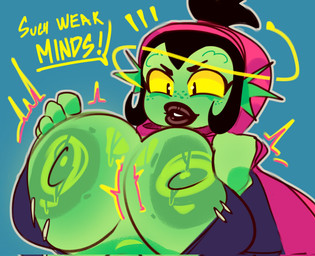 anthro areola big_breasts black_eyes black_hair black_lips blue_background breasts dialogue eyelashes female freckles glistening glistening_body green_body green_nipples grey_outline hair hood huge_breasts lips nipples outline simple_background solo text thick_lips yellow_sclera hangedc brawl_stars supercell_(company) willow_(brawl_stars) aquatic fish english_text hi_res