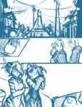 2016 aerith_(twokinds) anthro armor blue_and_white casual_nudity cloak close-up clothing comic conditional_dnp felid female flora_(twokinds) group hair human iris_(twokinds) keidran male mammal monochrome nude outside pantherine simple_background sketch tiger tom_fischbach trace_legacy twokinds white_background