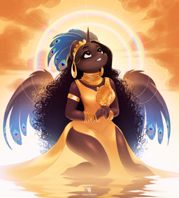 anthro black_hair bracelet clothing crescent_moon dress ear_piercing female glistening gold_theme hair horn jewelry long_hair looking_up moon neck_ring necklace piercing reflection solo sun water water_reflection wings katputze mythology beyonce equid equine mammal mythological_creature mythological_equine winged_unicorn hi_res