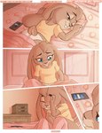 anthro apartment bed blue_eyes brown_body brown_fur clothing dresser electronics exposed_panties female fur furniture inside lying on_front panties panty_shot phone solo tired underwear waking_up yellow_outfit paddedulf lagomorph leporid mammal rabbit comic