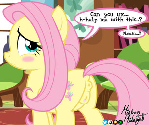 animal_genitalia animal_vulva anus blush butt detailed_background dialogue dock_(anatomy) equine_anus equine_genitalia equine_vulva female female_feral feral genitals looking_back on_model presenting presenting_hindquarters puffy_anus raised_tail requesting sex_request solo tail text vulva wings mistressmidnight friendship_is_magic hasbro my_little_pony mythology fluttershy_(mlp) equid equine horse mammal mythological_creature mythological_equine pegasus pony english_text hi_res