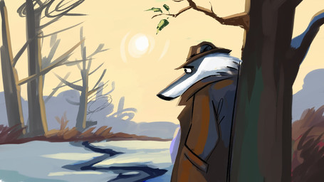 ambiguous_gender anthro biped black_body black_nose clothed clothing coat day detailed_background hat headgear headwear light outside plant slightly_chubby solo sun sunlight topwear tree trenchcoat white_body winter aleksandra_evseeva beastly_crimes beastly_crimes_(2024) chief_badger badger mammal mustelid musteline 16:9 2025 hi_res official_art widescreen