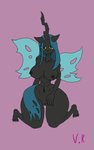 anthro big_breasts black_body black_skin breasts fangs female kneeling nipples pose solo teeth thick_thighs vamrack friendship_is_magic hasbro my_little_pony queen_chrysalis_(mlp) arthropod changeling equid equine horse mammal pony 5:8 digital_media_(artwork) hi_res