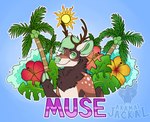 anthro antlers badge blue_background brown_antlers brown_body brown_fur brown_hooves coconut coconut_palm coconut_tree drupe_(fruit) flower fluffy_chest food fruit fruit_tree fur green_eyes green_hair green_hooves green_inner_ear green_nose hair hibiscus hoof_hands hooves horn leaf looking_at_viewer male male_anthro markings multicolored_hooves nude outline palm_tree plant purple_text simple_background smile snout solo spots spotted_markings sun tan_body tan_fur text tree tropical two_tone_hooves water white_outline maligaytor deer mammal 2019 bust_portrait character_badge_(artwork) character_name digital_drawing_(artwork) digital_media_(artwork) flat_colors hi_res paint_tool_sai_(artwork) portrait watermark