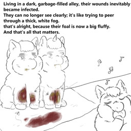 1_horn ambiguous_feral ambiguous_gender blood bodily_fluids death dirty dying eating expressionless feral food gore group hair holding_food holding_object horn rotting text trio wounded young young_ambiguous young_feral yellowcottoncandy030 fluffy_pony ambient_arthropod ambient_fly ambient_insect fluffy_pony_(species) mammal 1:1 comic digital_media_(artwork) english_text hi_res