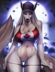 5_fingers alasta anthro baseball_cap big_breasts breasts bridge_piercing canada canadian_flag canid canine canis cheek_tuft claws cleavage clothed clothing clothing_pull curvy_figure digital_media_(artwork) digital_painting_(artwork) ear_piercing facial_piercing facial_tuft female finger_claws fingers fluffy fluffy_tail fur genitals hair half-closed_eyes hat headgear headwear heterochromia hourglass_figure jackal long_hair long_tail looking_at_viewer mammal maple_leaf mostly_nude narrowed_eyes navel nipple_piercing nipples nose_piercing nose_ring panties panty_pull partially_clothed piercing pivoted_ears portrait pose pussy ring_piercing seductive septum_piercing septum_ring small_waist solo standing tail thick_thighs thigh_gap three-quarter_portrait tongue tongue_out tongue_piercing topwear tuft underwear underwear_down underwear_pull white_body white_fur wide_hips