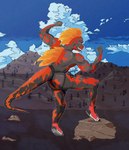 anthro back_muscles biceps black_body bottomwear butt clothed clothing cloud detailed_background fire flaming_hair footwear furgonomic_bottomwear furgonomic_underwear furgonomics grey_body jockstrap looking_back male markings mountain muscular muscular_anthro muscular_male muscular_thighs orange_body orange_markings presenting presenting_hindquarters pseudo_hair red_body red_markings rock shoes shoes_on sky solo tail toeless_footwear underwear volcano yellow_eyes briefthief fossil_fighters dinosaur prehistoric_species reptile scalie t-rex_(fossil_fighters) theropod tyrannosaurid tyrannosauroid tyrannosaurus tyrannosaurus_rex absurd_res hi_res