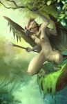 4_toes 5_fingers accipitriform amber_eyes anisodactyl anthro arm_above_head avian barefoot beak biped bird breasts brown_body brown_feathers brown_nipples casual_nudity crouching day detailed_background feathered_wings feathers feet female fingers forest genitals holding_object holding_weapon kwaza_(ozawk) looking_down melee_weapon moss multicolored_body multicolored_feathers nature navel nipples non-mammal_breasts non-mammal_nipples nude osprey outside plant polearm pussy sky solo spear tail tail_feathers talons toes tree two_tone_body two_tone_feathers weapon white_body white_feathers wings yulliandress