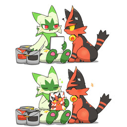 ambiguous_gender anthro biped black_body black_fur duo feral fur green_body green_fur pawpads quadruped red_eyes simple_background tail tail_motion tailwag white_background tontaro nintendo pokemon floragato generation_7_pokemon generation_9_pokemon pokemon_(species) torracat 1:1 2d_animation animated animated_gif motion_tweening short_playtime
