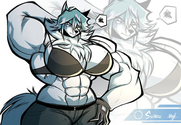 abs annoyed anthro armpit_hair armpit_tuft belt biceps big_breasts big_muscles blue_eyes blue_hair body_hair bottomwear bra breasts cleavage clothed clothing crossgender female fluffy fluffy_tail fur gloves hair hand_behind_head hand_on_hip handwear midriff mtf_crossgender muscular muscular_anthro muscular_arms muscular_female navel neck_tuft pants short_hair solo tail thick_arms thick_thighs topwear tuft underwear white_body white_fur wide_hips zeth0 brand_new_animal studio_trigger shirou_ogami canid canine canis mammal wolf