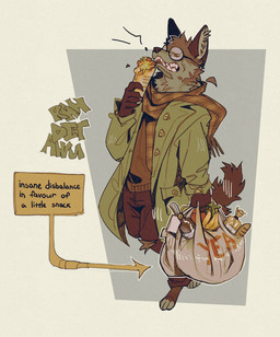 anthro banana barefoot black_body black_bottomwear black_clothing black_fur black_pants bottle bottomwear bread button_(fastener) clothed clothed_anthro clothed_male clothing coat container directional_arrow eating eating_food eyes_closed feet food fruit fully_clothed fully_clothed_anthro fully_clothed_male fur geometric_background green_clothing green_coat green_topwear groceries grocery_bag holding_bag holding_object male multicolored_body multicolored_fur orange_body orange_clothing orange_fur orange_shirt orange_topwear pants plant pointy_ears prick_ears scarf shirt simple_background solo standing tail teeth text topwear unbalanced white_body white_fur writing_on_object randitawu canid canine fox mammal 2025 digital_drawing_(artwork) digital_media_(artwork) english_text hi_res signature