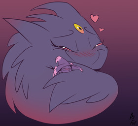 3_eyes ambiguous_gender anthro biped black_body black_fur blush blush_lines closed_smile cuddling curled_up duo eyebrows eyes_closed female feral fur half-closed_eyes heart_symbol larger_female looking_at_another mouth_closed multi_eye narrowed_eyes simple_background size_difference smaller_ambiguous smile fuf nintendo pokemon generation_4_pokemon generation_6_pokemon mega_evolution mega_gengar mismagius pokemon_(species) 2019 hi_res
