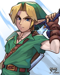 5_fingers blonde_hair clothed clothing eyebrows fingers green_clothing green_hat green_headwear hair hat headgear headwear holding_melee_weapon holding_object holding_sword holding_weapon humanoid_pointy_ears male melee_weapon not_furry pointy_ears solo sword weapon orlek cc-by-nc-nd creative_commons nintendo ocarina_of_time the_legend_of_zelda link humanoid hylian 2023 4:5 absurd_res hi_res