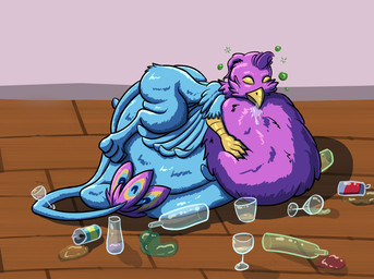 abdominal_bulge alcohol ambiguous_gender ambiguous_prey avian_feet beak beverage blue_body bodily_fluids drooling drunk feathered_crest feathered_wings feathers feral feral_pred fully_inside head_crest male male_pred neck_bulge paws pink_body quadruped saliva size_difference sleeping smaller_pred solo substance_intoxication tail tail_tuft tuft vore wings gyrotech mythology gyro_feather avian bird galliform gryphon mythological_avian mythological_creature peafowl phasianid hi_res