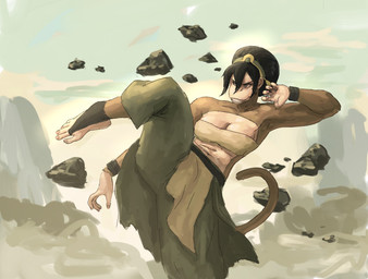5_fingers 5_toes accessory action_pose alternate_species anthro athletic athletic_female bandeau bare_shoulders big_breasts blind bottomwear breasts brown_body brown_fur cleavage clothed clothing disability earth_manipulation elemental_manipulation feet female fingers floating_rocks footwear fur furrification hair hair_accessory hair_bun hairband navel on_one_leg outside pants pose prehensile_feet raised_leg rock sky solo standing tail toeless_footwear toes toothy_grin topwear redustheriotact avatar:_the_last_airbender nickelodeon toph_beifong haplorhine mammal monkey primate 2026 absurd_res hi_res