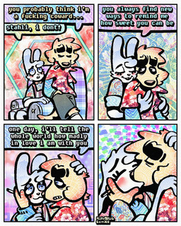 4_panel_comic aloha_shirt anthro bottomwear bow_tie cheek_spots cheek_tuft cigarette cigarette_in_mouth clothing dialogue duo ears_down eyes_closed facial_tuft floppy_ears fur hug hugging_another hugging_from_behind kissing male object_in_mouth open_mouth open_smile overalls pattern_clothing pattern_shirt pattern_topwear pivoted_ears shirt shorts smile smoking_tobacco speech_bubble teeth text tooth_gap topwear tuft white_body white_fur yellow_body yellow_fur rawdawgcomics bingus_(rawdawgcomics) stahli_(rawdawgcomics) bird_dog canid canine canis domestic_dog golden_retriever hunting_dog lagomorph leporid mammal rabbit retriever 4:5 comic english_text hi_res
