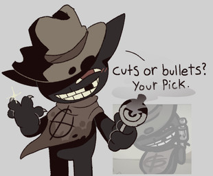 anthro asking_viewer black_body black_fur claws clothing cowboy_hat dialogue fur grey_background gun hat headgear headwear kerchief looking_at_viewer male missing_tooth obscured_eyes pointing_gun_at_viewer poncho ranged_weapon red_eyes simple_background smile smoke solo talking_to_viewer text weapon conditional_dnp shiirafish mewgenics zodiac_(mewgenics) domestic_cat felid feline felis mammal colored digital_drawing_(artwork) digital_media_(artwork) english_text reference_image