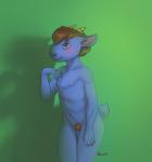 anthro blue_body blue_fur blush brown_hair femboy fur genitals green_background hair horn male nipples nude penis pose pubes simple_background smile solo wiess animal_crossing nintendo kidd_(animal_crossing) bovid caprine goat mammal 2017 pinup