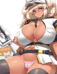 :3 big_breasts blonde_hair blush breasts clothed clothing duo female hair hat headgear headwear huge_breasts legwear not_furry panties thigh_highs underwear cho!cho! last_origin dark_elven_forest_ranger elf humanoid hi_res