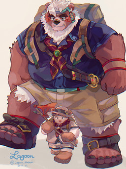 anthro backpack bottomwear brown_body clothing cute_fangs duo fangs humanoid_hands kemono male overweight overweight_male shirt shorts simple_background size_difference teeth topwear white_background lagoon_bluebear lifewonders tokyo_afterschool_summoners chubby_protagonist_(tas) kimun_kamui_(tas) protagonist_(tas) bear human mammal 2021 hi_res
