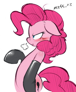 angry black_clothing black_gloves black_handwear blue_eyes blush breath clothing cutie_mark disgruntled emoticon exhaling female gloves hair handwear latex latex_clothing latex_gloves latex_handwear pink_body pink_hair pink_tail solo standing tail text 0r0ch1 friendship_is_magic hasbro my_little_pony pinkie_pie_(mlp) earth_pony equid equine horse mammal pony low_res