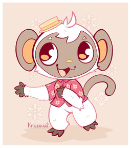 anthro border clothing flower hat headgear headwear male plant shirt smile solo topwear white_border kitsuakari animal_crossing nintendo niko_(animal_crossing) grey_langur haplorhine langur mammal monkey old_world_monkey primate hi_res