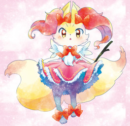 2_tails 3_fingers 3_toes :o ambiguous_gender anthro arm_tuft black_body black_fur blush bow_ribbon cheek_tuft chest_tuft clothing dipstick_tail dress facial_tuft feet fingers frilly frilly_clothing frilly_dress fur holding_object inner_ear_fluff looking_at_viewer markings multi_tail on_one_leg open_mouth orange_body orange_eyes orange_fur orange_nose pink_background red_clothing red_dress semi-anthro shoulder_tuft simple_background solo standing stick tail tail_markings toes tuft white_body white_fur yellow_body yellow_fur ks_lemon nintendo pokemon braixen canid canine fox generation_6_pokemon mammal pokemon_(species) 2016