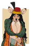 anthro big_breasts black_hair black_nose bracelet breasts cleavage clothed clothing digit_ring dress female fez finger_ring fur hair hat headgear headwear jewelry long_hair looking_at_viewer ottoman_(civilization) smile solo tan_body tan_fur turkic_clothing turkish wavy_hair ohs688 cervine deer mammal 2021 half-length_portrait hi_res portrait signature