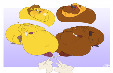 anthro belly big_belly big_butt big_penis blobby bodily_fluids butt clothing cum duo ejaculation eyewear genital_fluids genitals huge_belly huge_butt huge_penis hyper hyper_belly hyper_butt hyper_genitalia hyper_penis male male/male morbidly_obese obese overweight penis sigh sunglasses sweat torn_clothing jangleforks animal_crossing nintendo bud_(animal_crossing) elvis_(animal_crossing) felid lion mammal pantherine hi_res