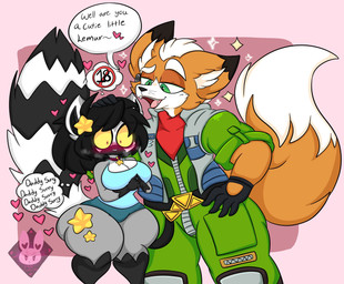 anthro aroused big_breasts big_butt black_body black_clothing black_fur black_gloves black_hair black_handwear blush blushing_profusely breasts breath butt canon_x_oc clothed clothed_anthro clothed_female clothed_male clothing dialogue dipstick_tail duo eyewear fangs female female_anthro flirting fluffy fluffy_tail fur glasses gloves green_eyes grey_body grey_butt grey_clothing grey_fur grey_topwear grey_vest hair hand_on_head handwear headpat heart_symbol logo male male/female male_anthro markings multicolored_body multicolored_fur narrowed_eyes orange_body orange_fur pink_background pink_eyes simple_background size_difference snout speech_bubble tail tail_markings talking_to_another talking_to_partner teeth text thick_thighs thought_bubble topwear two_tone_body two_tone_fur vest wearing_glasses white_body white_breasts white_fur wide_eyed wide_hips yellow_sclera lewdchuu nintendo star_fox fox_mccloud pyon_(lewdchuu) canid canine fox lemur mammal primate ring-tailed_lemur strepsirrhine 2026 artist_logo english_description english_text hi_res watermark
