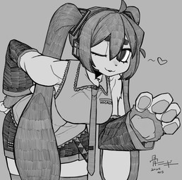 accessory ahoge alternate_species anthro bent_over big_breasts big_ears big_fingers big_hair big_hands bottomwear breasts clothing electronics female fingerpads floppy_ears fur furrification gesture hair hand_on_butt hand_on_own_butt handpads handpaw headphones legwear long_ears long_hair looking_at_viewer necktie one_eye_closed pawpads paws shirt short_hair sidelocks skirt smile smiling_at_viewer solo thigh_highs topwear waving waving_at_viewer wink winking_at_viewer bone_nigi vocaloid yamaha_corporation hatsune_miku lagomorph leporid mammal rabbit 2025 dated digital_drawing_(artwork) digital_media_(artwork) greyscale hatching_(art) hi_res monochrome shaded watermark