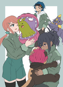 accessory anthro black_hair blue_hair female group hair headband hug male pink_hair purple_body smile yellow_eyes kadoko5 bandai_namco digimon digimon_beatbreak granit_(digimon_beatbreak) hotaruko_kanuma raito_souda digimon_(species) human ludomon mammal monodramon scalie syakomon