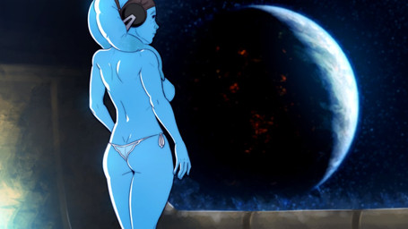 blue_body blue_skin breasts butt clothed clothing electronics eyebrows eyelashes female freckled_face freckles headphones lekku_(anatomy) not_furry panties panties_only planet side-tie_panties side_boob solo space topless underwear underwear_only dave_cheung star_wars aleyna_hirani fan_character alien alien_humanoid humanoid twi'lek 16:9 2026 widescreen