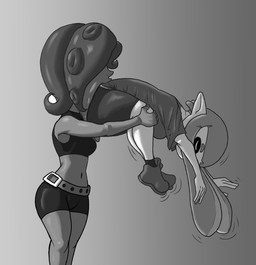 belt butt_first duo female female_pred female_prey oral_vore vore captainfuckbus nintendo splatoon aquatic cephalopod inkling mollusk octarian octoling 2024 greyscale hi_res monochrome