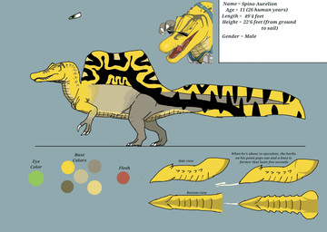 bodily_fluids eyewear feral genitals grey_legs grey_tail head_markings knot knotted_penis male markings multicolored_body penis sail_(anatomy) solo spino_aurelion standing sunglasses tail tapering_penis text yellow_body yellow_tail gojifan747 dinosaur prehistoric_species reptile saurischian scalie spinosaurid spinosaurus theropod english_text hi_res model_sheet