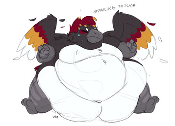 anthro beak belly big_belly bodily_fluids feathers flabby hair huge_belly hyper hyper_belly immobile male moobs morbidly_obese morbidly_obese_anthro morbidly_obese_male nude obese obese_anthro obese_male overweight overweight_anthro overweight_male simple_background solo struggling sweat tiki wings vanillayote tiki_kee avian bird parrot penguin digital_drawing_(artwork) digital_media_(artwork) hi_res