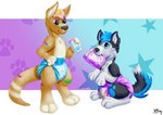 anthro baby_powder bodily_fluids clothed clothing diaper duo genital_fluids male unclean_diaper urine used_diaper wearing_diaper wet_diaper wetting young young_anthro wittleskaj bandaid_roo_(character) constupro canid canine canis domestic_dog husky kangaroo macropod mammal marsupial nordic_sled_dog spitz hi_res