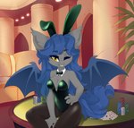 anthro blue_hair bow_tie breasts bunny_costume card cleavage clothed clothing costume female furniture gambling hair long_hair looking_at_viewer one_eye_closed solo table wings wink yellow_eyes shooshaa hasbro my_little_pony fan_character racket_rhine bat_pony equid mammal hi_res