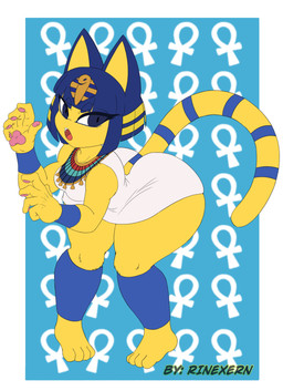 anthro barefoot bent_over big_butt blue_background blue_body blue_eyes blue_fur blue_hair border breasts butt clothed clothing dress eyelashes feet female front_view fur hair looking_at_viewer open_mouth pattern_background pawpads pupils short_hair simple_background slit_pupils small_breasts solo thick_thighs uraeus white_border white_clothing white_dress wide_hips yellow_body yellow_fur rinexern animal_crossing nintendo ankha_(animal_crossing) domestic_cat felid feline felis mammal absurd_res hi_res