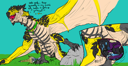 abdominal_bulge anthro anthro_prey aroused belly big_bulge big_penis bottomwear bowgun bulge clothing crotch_lines crotch_shot curled_up cutaway detailed_bulge duo endosoma erection face_imprint fangs feral feral_pred genitals grin imprint internal male male_pred muffled oral_vore penis predator/prey prey_imprint prey_outline raised_foot safe_vore sagging sagging_belly same_size_vore scales shorts smile smug soft_vore spikes spread_legs spread_wings spreading squirming stretchy_belly struggling struggling_prey teeth tenting text tight_belly tight_bottomwear tight_clothing tight_shorts tongue underwear vore willing_prey wings x-ray_view conditional_dnp samagthrav2 capcom monster_hunter mythology derlik jolk dragon flying_wyvern mythological_creature mythological_scalie rath_wyvern rathalos scalie absurd_res english_text hi_res