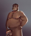 anthro balls belly black_nose bodily_fluids brown_body erection facial_piercing genital_fluids genitals humanoid_genitalia humanoid_hands humanoid_penis male moobs nipples nose_piercing nose_ring overweight overweight_male penis piercing precum ring_piercing solo rovindeer gabriel_(rovindeer) bear mammal 2020 absurd_res hi_res