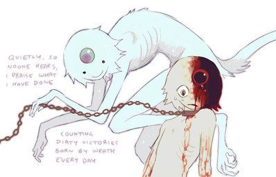 ambiguous_gender blood blood_on_arm blood_on_chest blue_body blue_fur blue_gem blue_tail bodily_fluids closed_smile collar duo floating forehead_gem fur gem holding_chain looking_at_another male male_humanoid metal_collar mouth_closed nervous nervous_sweat red_gem ribs simple_background skinny_ambiguous smile solid_circle_eyes split_color_head sweat tail text white_background jejejunum ember_(jejejunum) secret_(jejejunum) humanoid spirit 2026 digital_drawing_(artwork) digital_media_(artwork) english_description english_text firealpaca_(artwork) hi_res